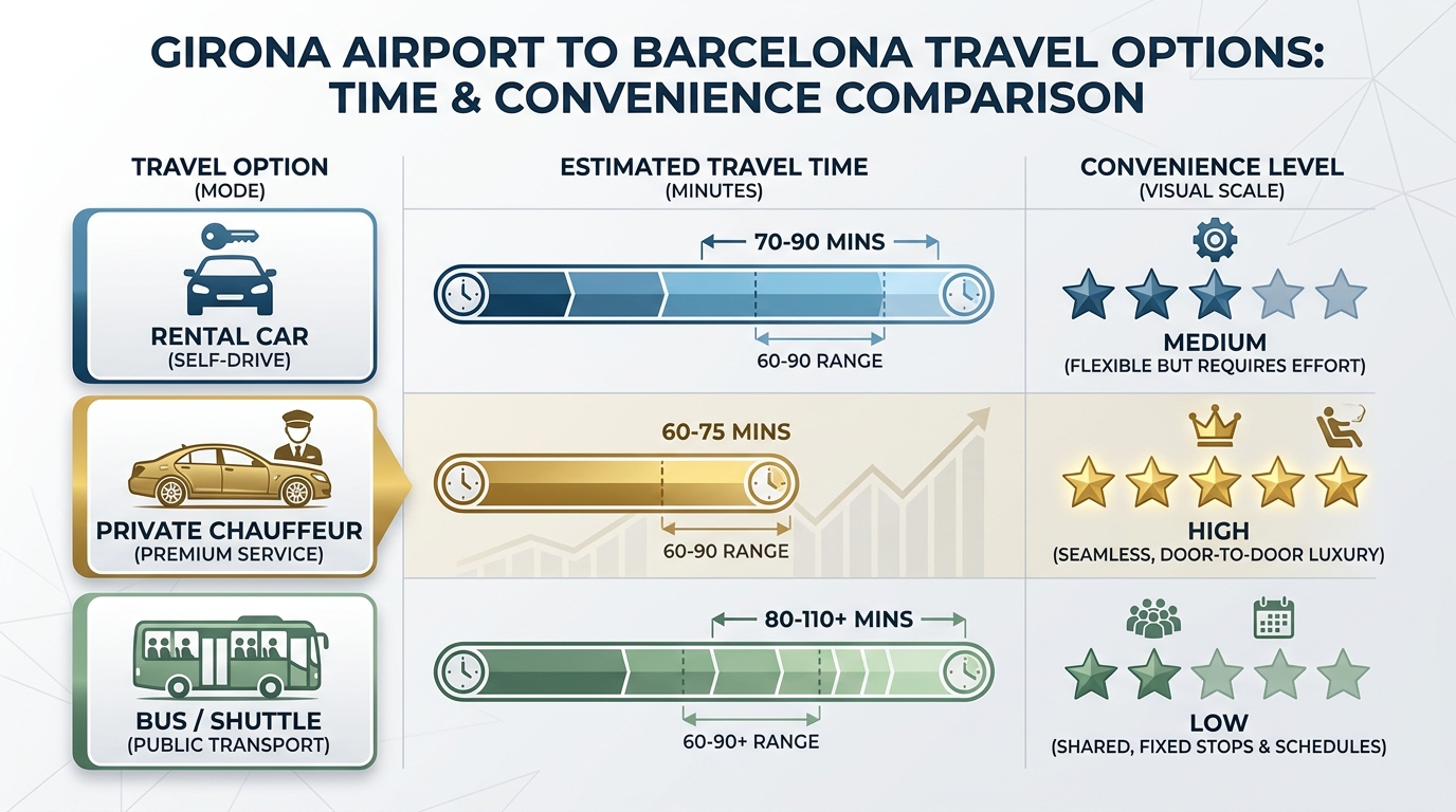 Comparison chart or infographic showing travel options from Girona Airport to Barcelona (rental car, private chauffeur, bus) with estimated travel times (60-90 minutes) and convenience levels