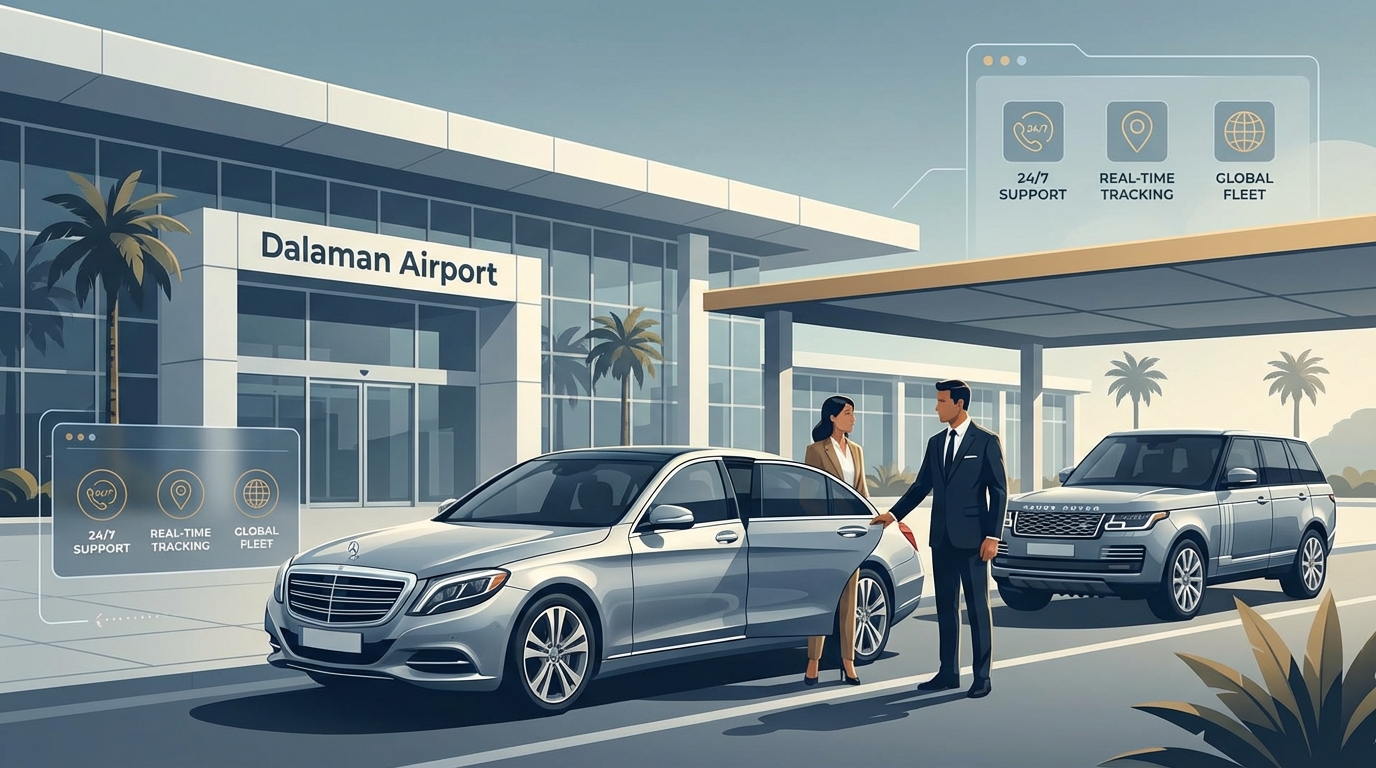 Hero image showing luxury vehicles (Mercedes-Benz S-Class, BMW 7 Series, or Range Rover) at Dalaman Airport terminal with professional chauffeur, emphasizing premium service quality