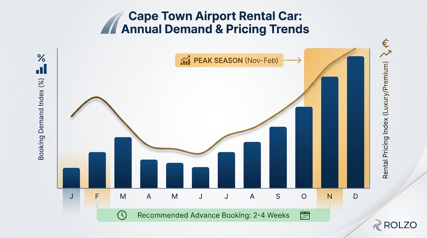 Line or bar graph illustrating booking demand and rental pricing trends throughout the year, highlighting the peak season from November to February and the recommended 2-4 week advance booking window