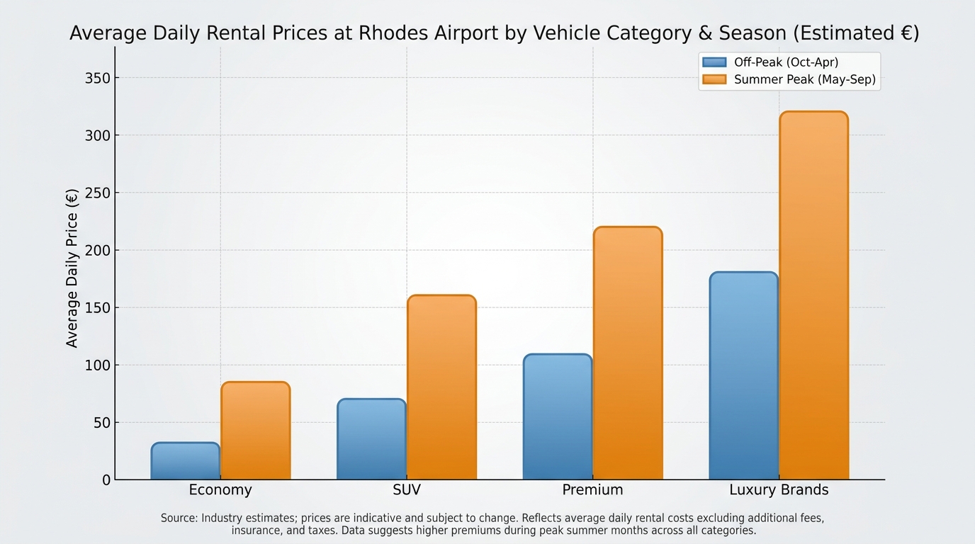 Bar chart showing average daily rental prices by vehicle category (economy €25-40, SUV, premium, luxury brands) and seasonal variation between off-peak and summer peak months