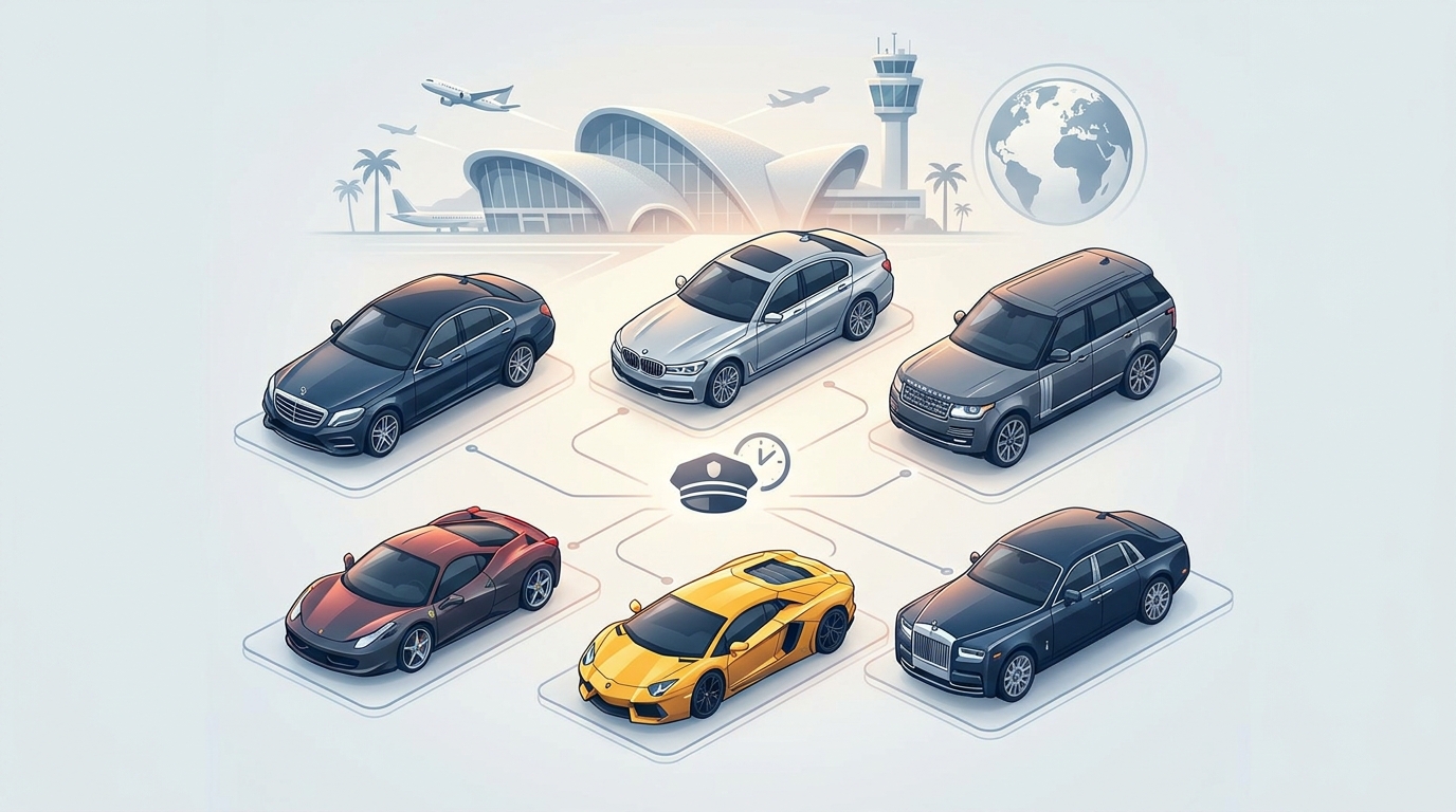 Visual showcase grid of luxury vehicle fleet including Mercedes-Benz S-Class, BMW 7 Series, Range Rover, Ferrari, Lamborghini, and Rolls-Royce models available through ROLZO