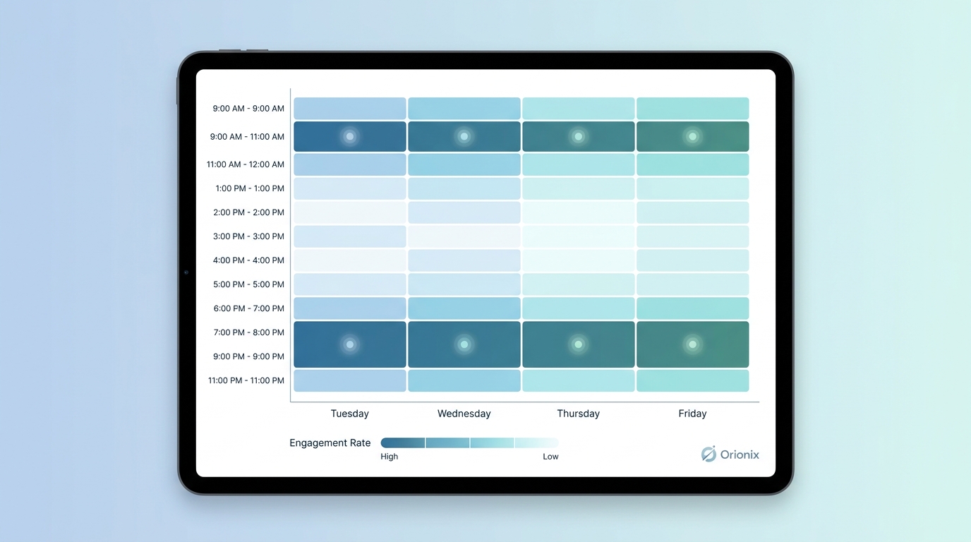 Heat map or bar chart showing optimal Instagram posting times (Tuesday-Friday, 9-11 AM and 7-9 PM EST) with engagement rate indicators