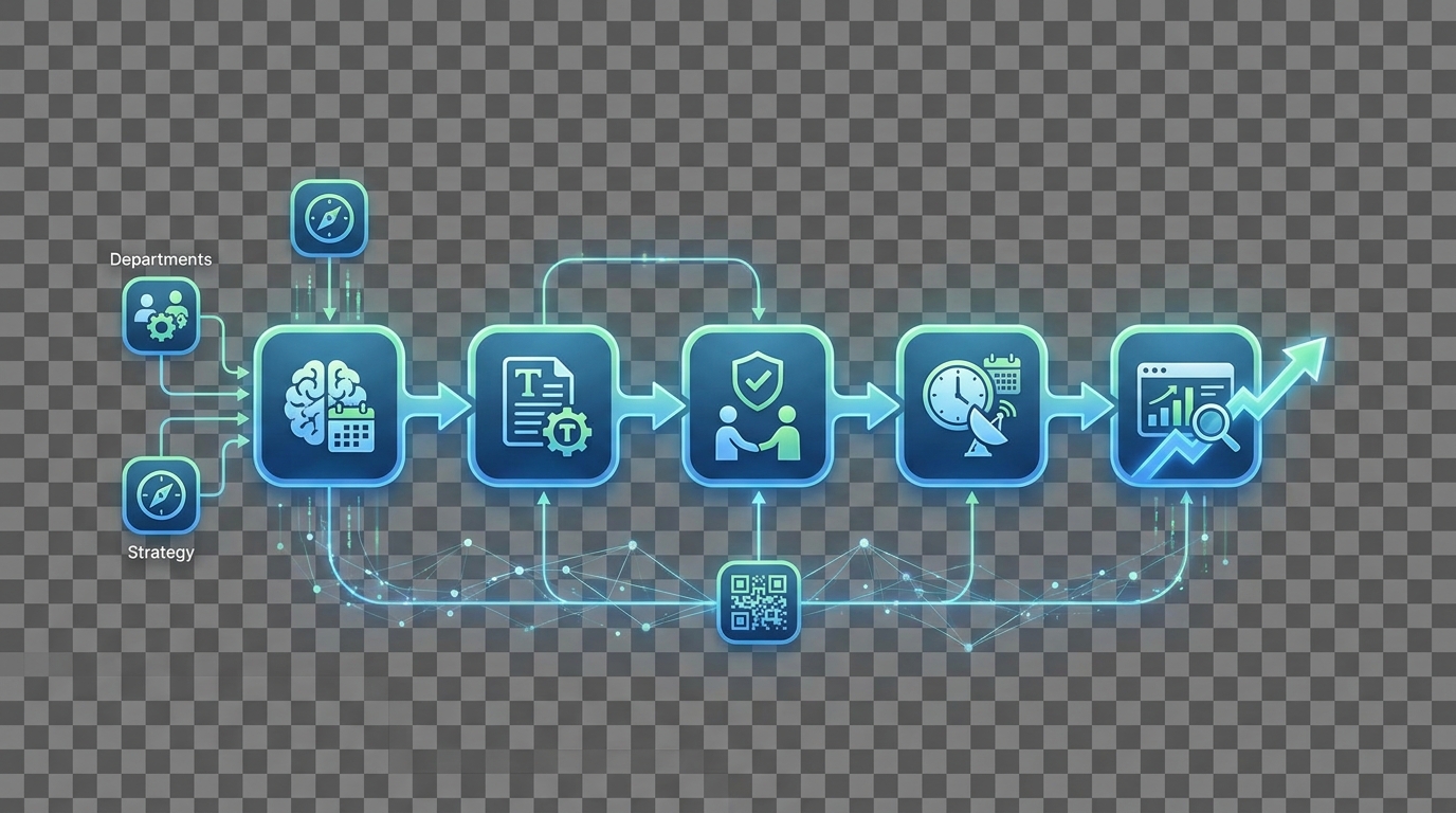 Flowchart diagram showing integrated program management workflow: centralized planning → template management → approval workflows → distribution scheduling → KPI tracking, with multiple departments feeding into the system