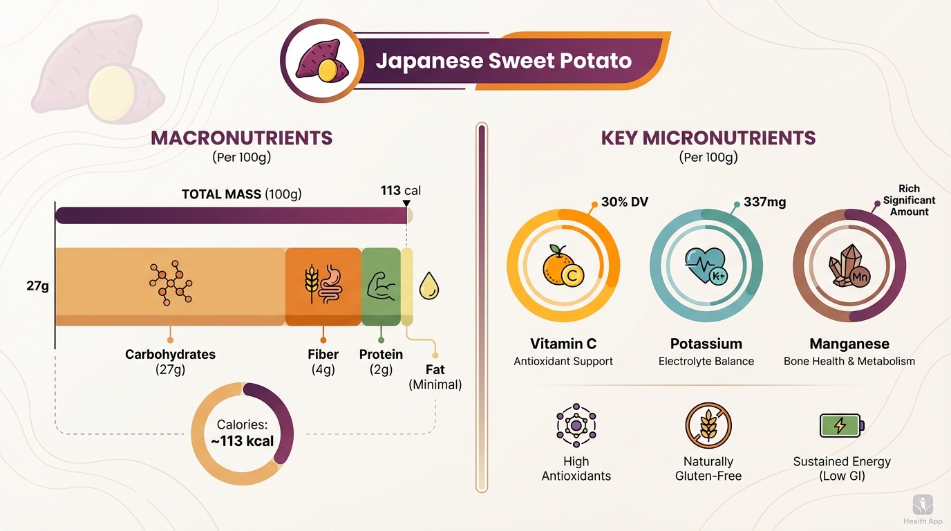 Nutritional breakdown infographic showing macronutrients (27g carbs, 2g protein, minimal fat, 4g fiber) and key micronutrients (vitamin C 30% DV, potassium 337mg, manganese) per 100g serving with visual icons