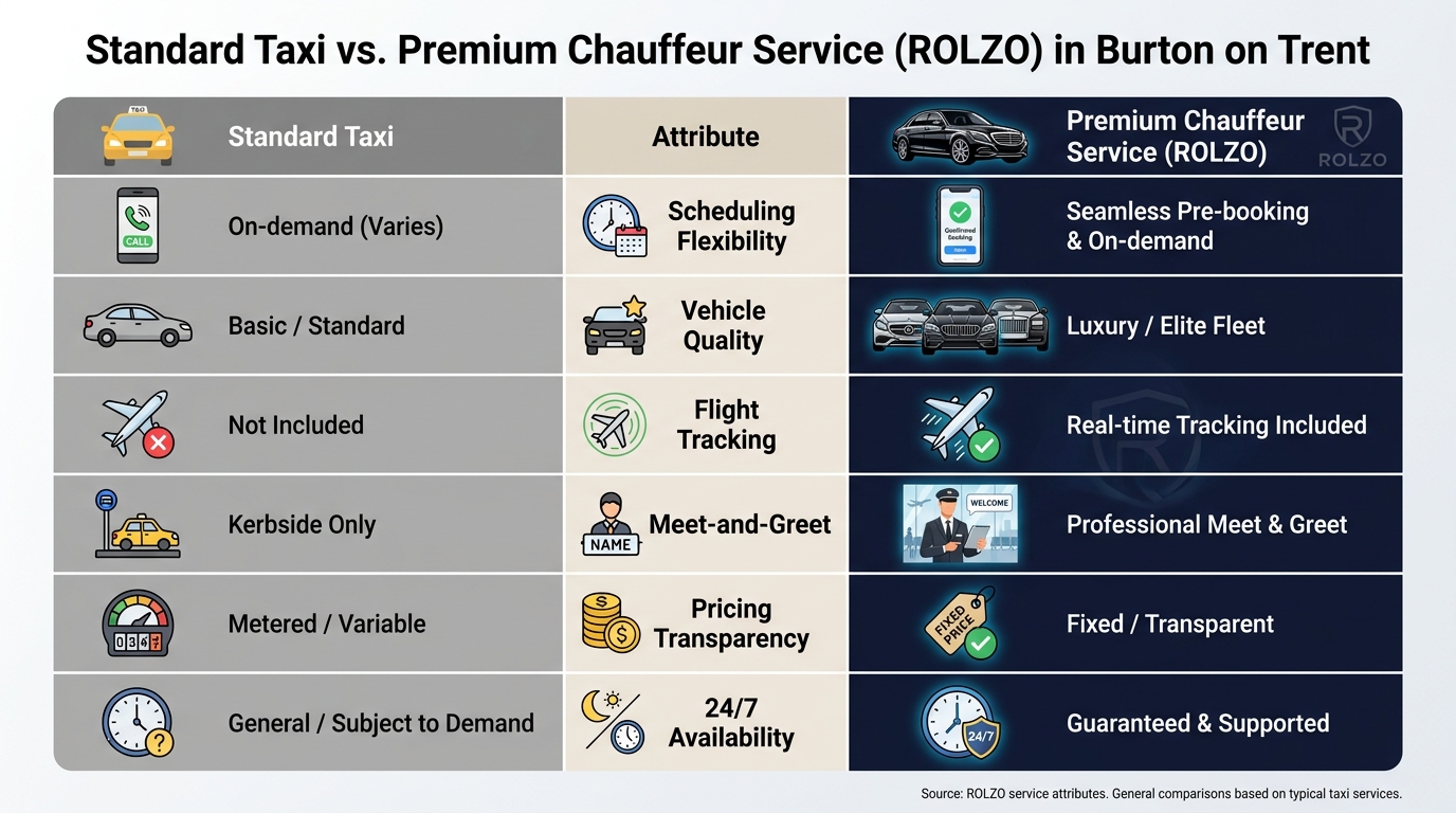 Comparison table contrasting standard taxi vs. premium chauffeur service across key attributes: scheduling flexibility, vehicle quality, flight tracking, meet-and-greet, pricing transparency, and 24/7 availability