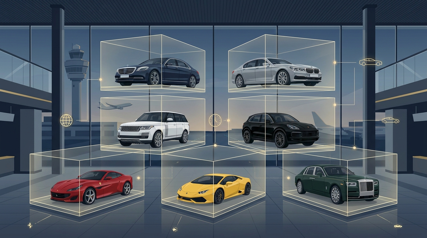 Grid showcase of luxury vehicles available at Schiphol - featuring Mercedes-Benz S-Class, BMW 7 Series, Range Rover, Porsche Cayenne, Ferrari, Lamborghini, and Rolls-Royce with elegant presentation