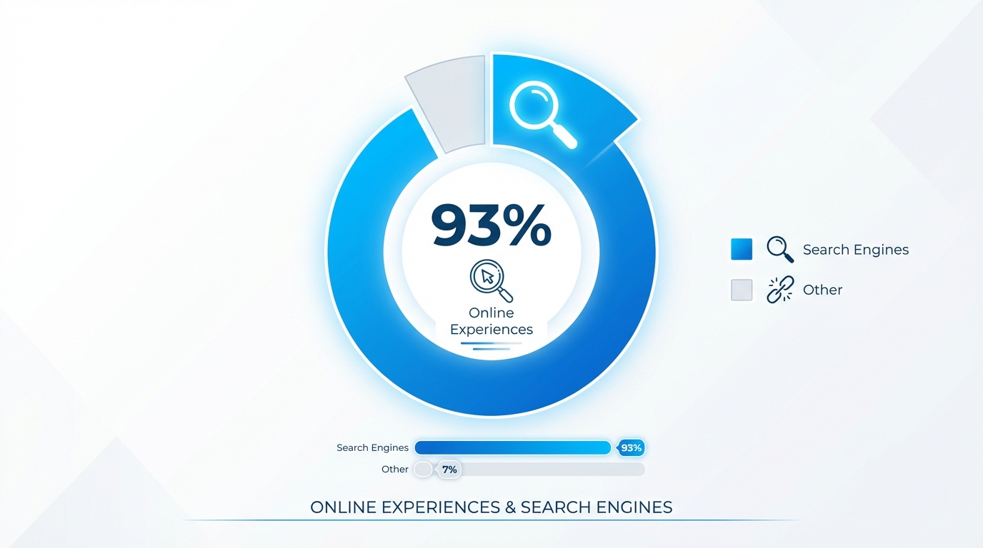 Visual statistic callout or infographic highlighting '93% of online experiences begin with search engines'
