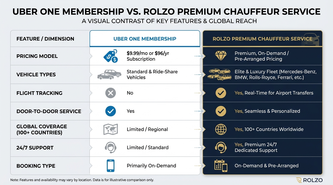 Side-by-side comparison table contrasting Uber One membership versus ROLZO premium chauffeur service across key dimensions: pricing model, vehicle types, flight tracking, door-to-door service, global coverage (100+ countries), 24/7 support, and booking type (on-demand vs pre-arranged)