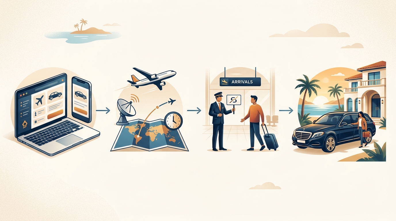 Step-by-step process diagram showing the chauffeur service booking flow: 1) Book online with flight details, 2) Real-time flight tracking, 3) Meet & greet at arrivals, 4) Door-to-door service