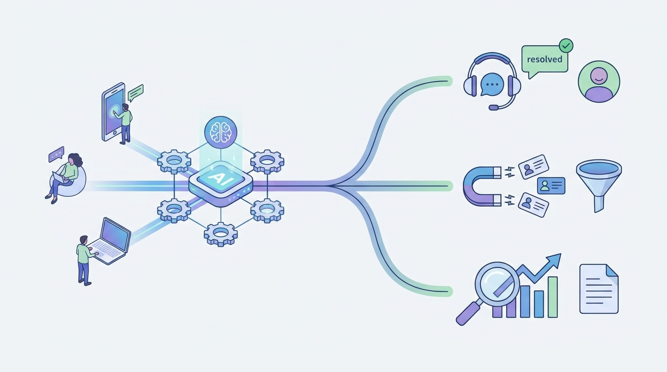 Illustration showing the workflow of an AI chatbot platform across use cases: customer support automation, lead generation, and SEO/content workflows