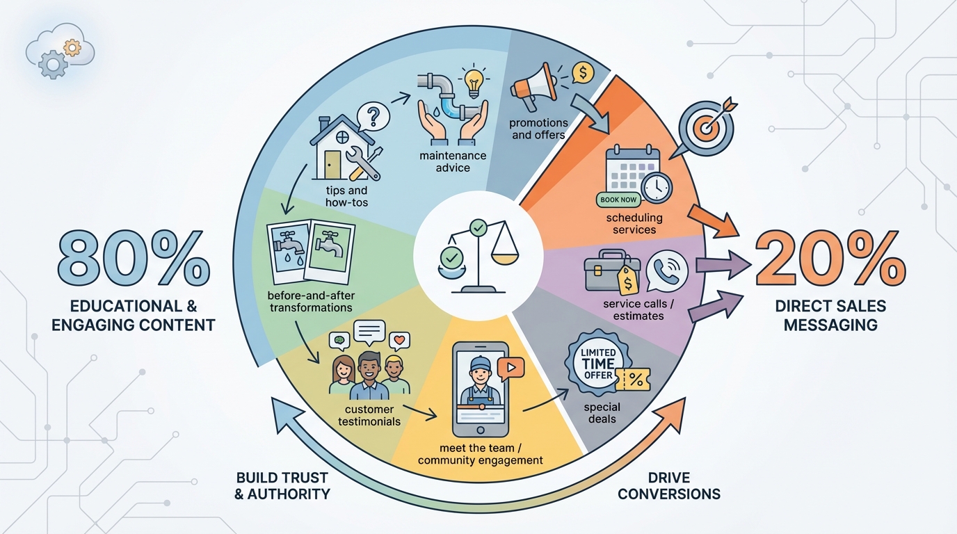 Visual pie chart or infographic showing the 80/20 content rule - 80% educational and engaging content vs 20% direct sales messaging, with examples of each category