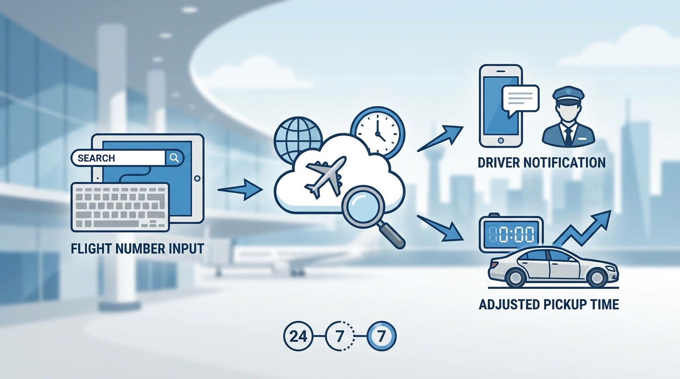 Infographic diagram showing the flight tracking process: flight number input → real-time monitoring → automatic driver notification → adjusted pickup time, with icons representing each step