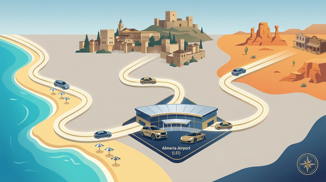 Map or scenic illustration highlighting key destinations reachable from Almeria Airport: Costa de Almería beaches, historic quarters, and the Tabernas Desert