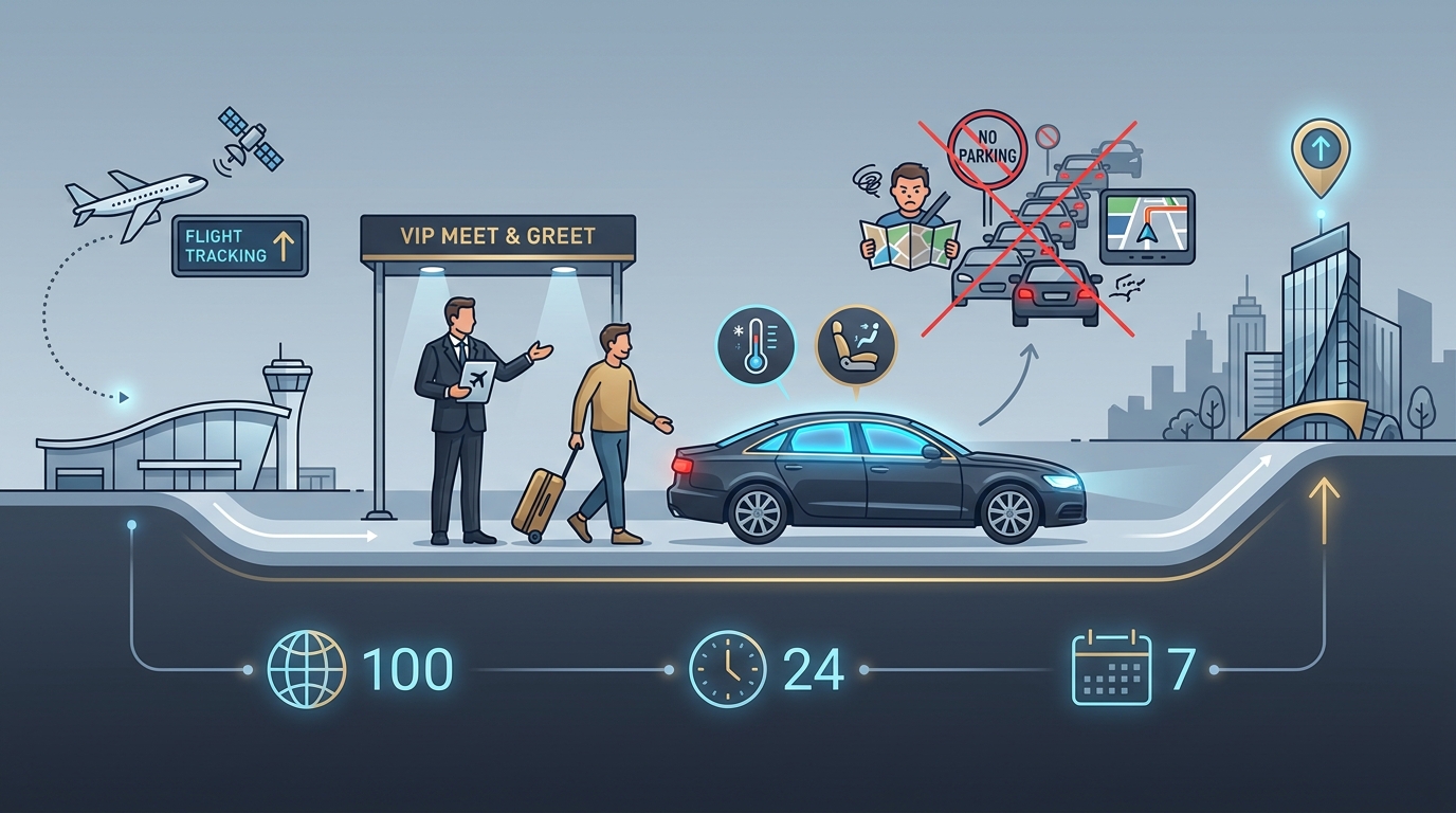 Diagram or infographic depicting the seamless door-to-door chauffeur journey — from flight tracking at the airport, VIP Meet & Greet, to arrival at destination in a climate-controlled luxury vehicle — emphasizing the removal of burdens like navigation, parking, and traffic.