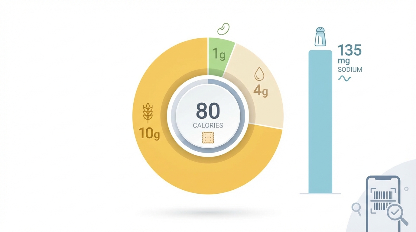 Nutritional breakdown pie chart or infographic showing the macronutrient distribution (calories: 80, fat: 4g, carbohydrates: 10g, protein: 1g, sodium: 135mg) per 5-cracker serving