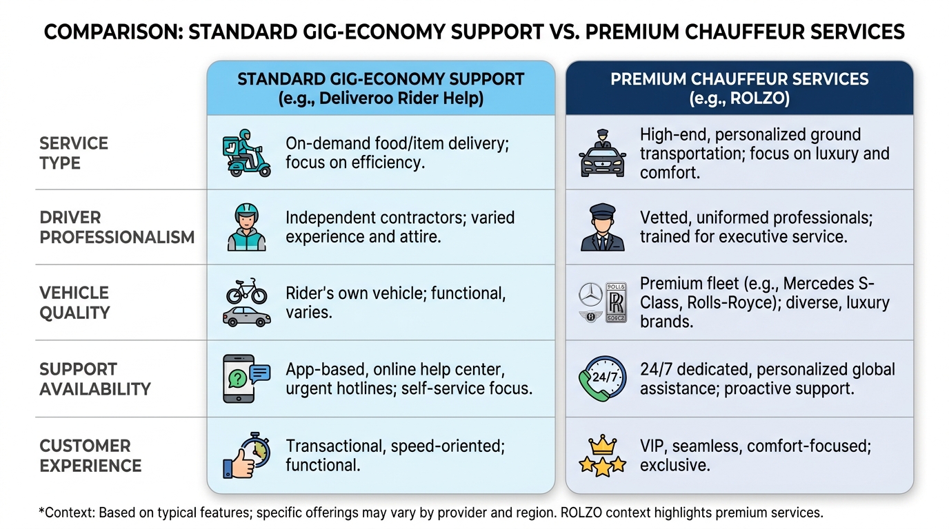 Comparison table contrasting standard gig-economy delivery/ride support (e.g., Deliveroo rider help) versus premium chauffeur services across dimensions such as service type, driver professionalism, vehicle quality, support availability, and customer experience