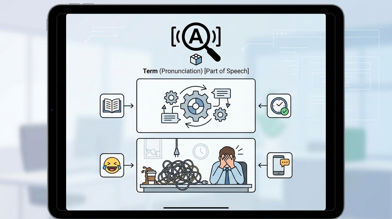 Example of a complete definition meme template showing all key components labeled: term at top, pronunciation in brackets, part of speech, and humorous definition with example