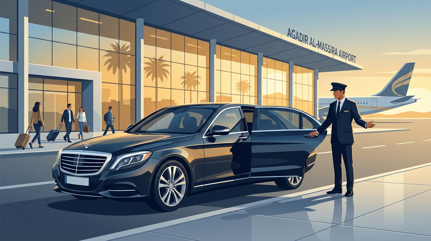 Hero image showing a luxury Mercedes-Benz S-Class or BMW 7 Series at Agadir Airport terminal with professional chauffeur, capturing premium airport transfer experience