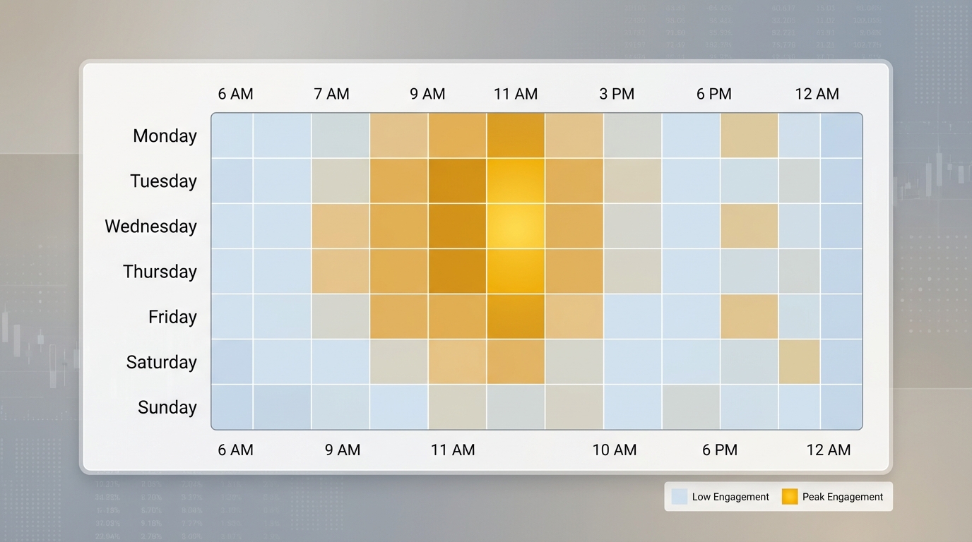 Heat map or bar chart showing optimal Instagram posting times throughout the week, highlighting Tuesday-Friday 9 AM-1 PM window with peak at 11 AM