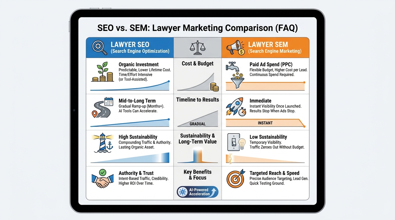 Comparison table showing SEO vs. Search Engine Marketing (SEM) for lawyers, highlighting differences in cost, timeline, sustainability, and benefits