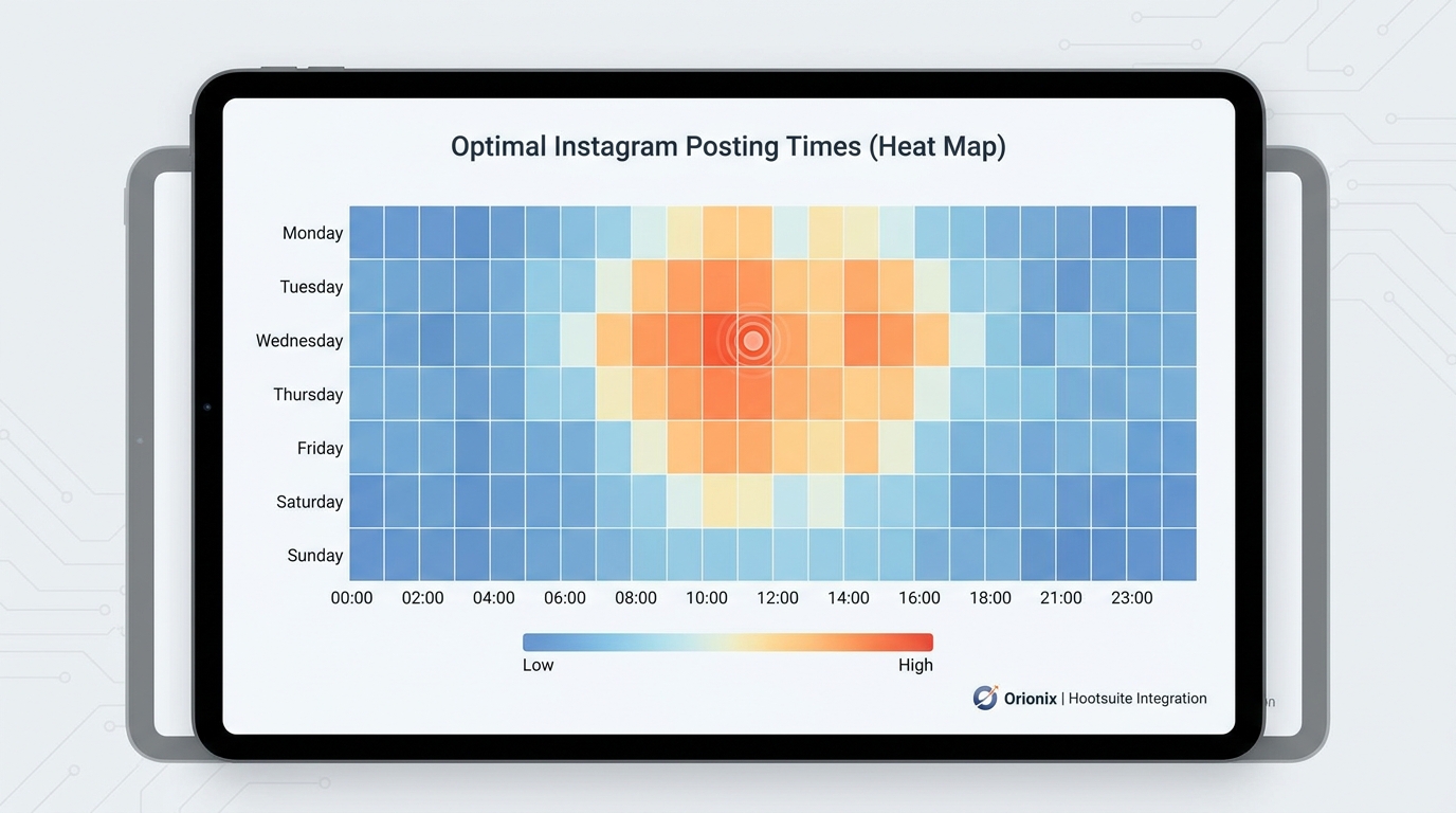 Heat map or bar chart showing optimal Instagram posting times by day of week and hour, with peak engagement highlighted on Wednesday at 11 AM