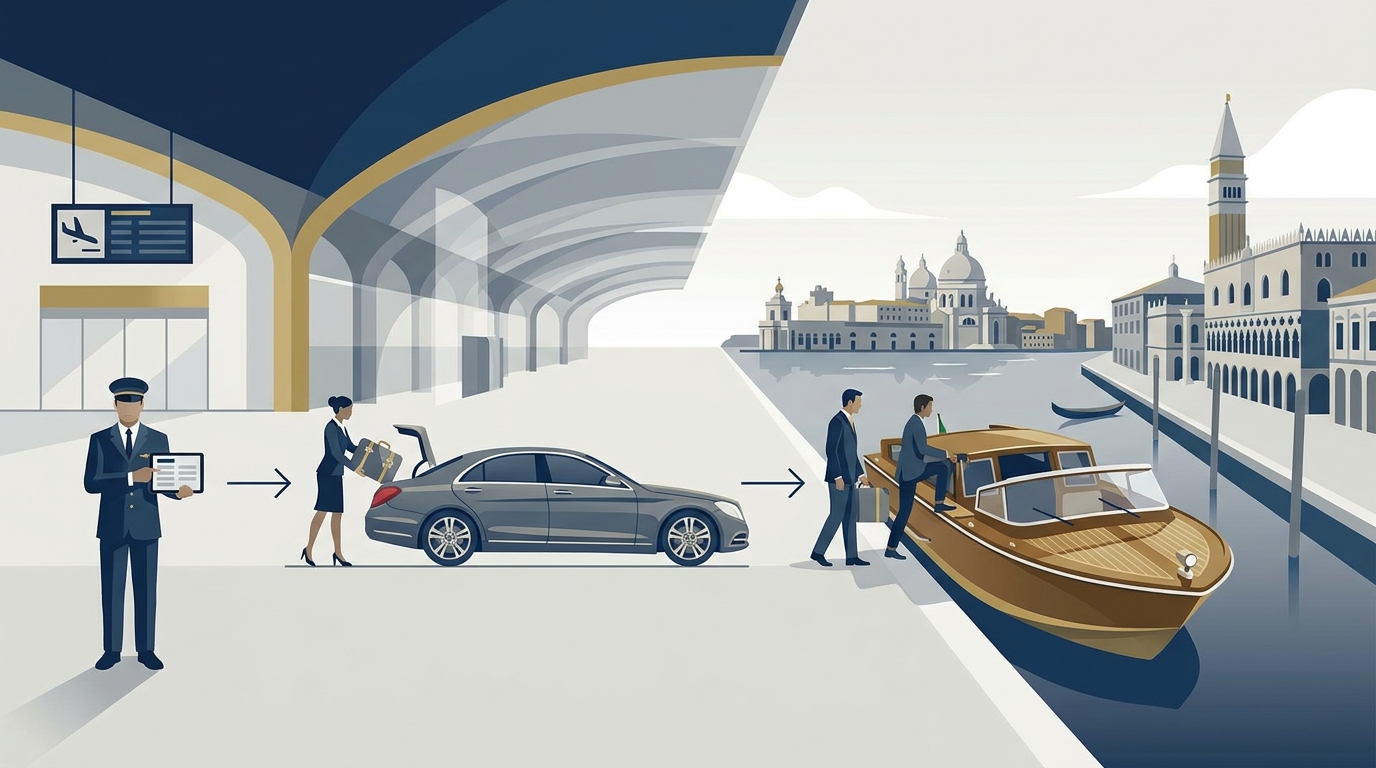 Diagram or illustration showing the VIP Meet & Greet flow: chauffeur with name board at arrivals, luggage assistance, transition from land vehicle to water taxi