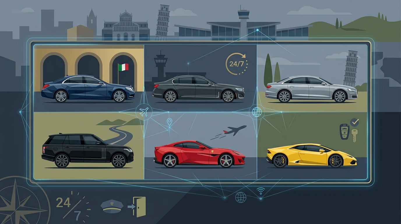 Collage or grid showcasing luxury vehicles available at Pisa Airport including Mercedes-Benz S-Class, BMW 7 Series, Audi A8, Range Rover, Ferrari, and Lamborghini
