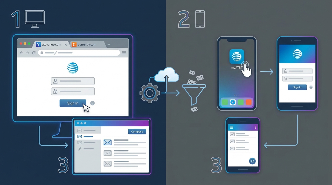 Step-by-step visual diagram showing the ATT email sign-in process on both desktop (att.yahoo.com/currently.com) and mobile devices, with numbered steps and screenshots of login screens