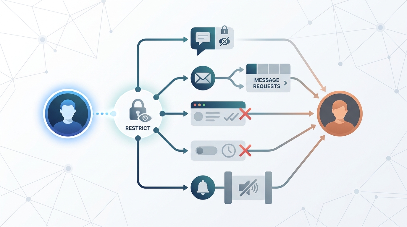 Visual diagram or infographic showing the key effects of restricting someone: hidden comments (only visible to them), DMs going to Message Requests, no read receipts, no active status visibility, and no notification sent