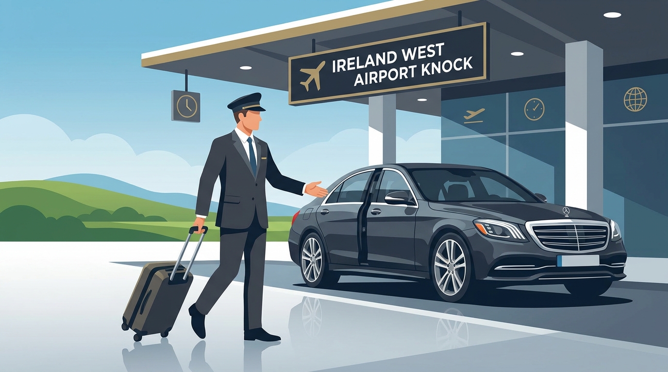 Hero image showing a professional chauffeur greeting a traveller at Ireland West Airport Knock with a luxury vehicle (e.g., Mercedes-Benz S-Class) in the background, conveying a seamless VIP arrival experience