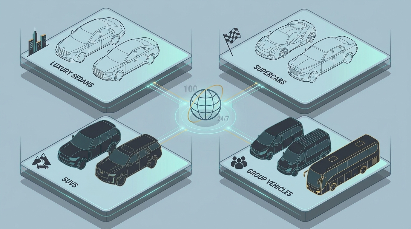 Visual grid or infographic displaying the diverse ROLZO fleet categories: luxury sedans (Mercedes-Benz S-Class, Audi A8), SUVs (Range Rover, Cadillac Escalade), supercars (Ferrari, Rolls-Royce), and group vehicles (Mercedes-Benz V-Class, Sprinter, luxury coaches)