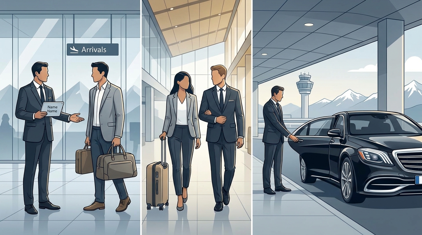 Illustration or photo depicting a professional chauffeur in a VIP Meet & Greet scenario—holding a name sign at arrivals, assisting with luggage, and escorting a traveller to a luxury car—highlighting door-to-door, stress-free service.
