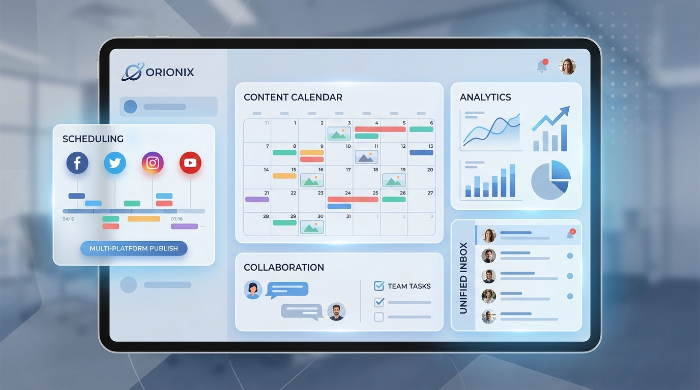 Dashboard interface mockup showing key features: multi-platform scheduling interface, content calendar view, analytics dashboard, team collaboration panel, and unified inbox