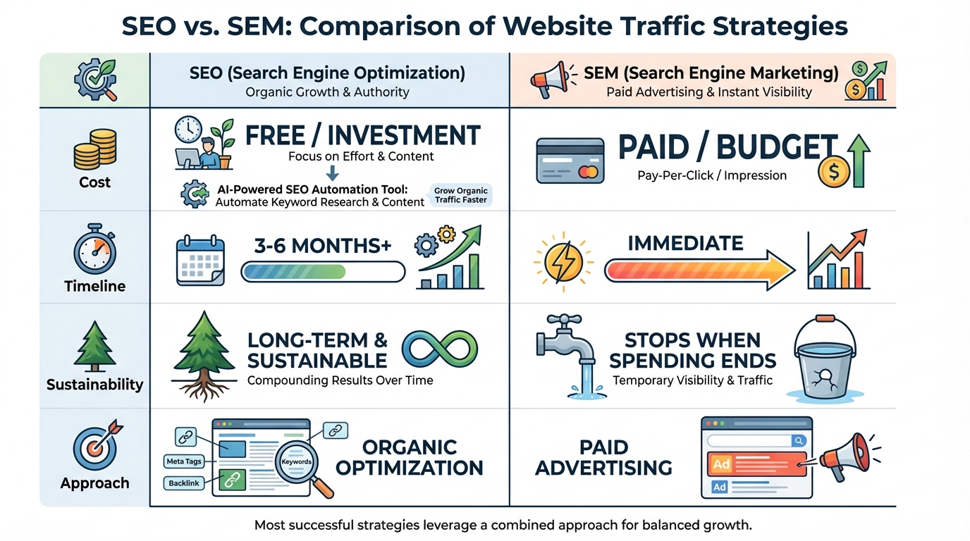 Side-by-side comparison table or infographic contrasting SEO vs SEM, showing differences in cost (free vs paid), timeline (3-6 months vs immediate), sustainability (long-term vs stops when spending ends), and approach (organic optimization vs paid advertising)