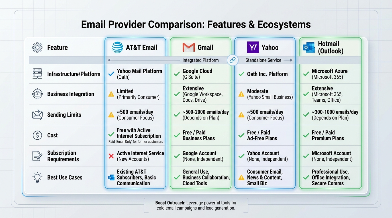 Comparison table showing ATT Email vs Gmail vs Yahoo vs Hotmail, comparing features like: infrastructure/platform, business integration, sending limits, cost, subscription requirements, and best use cases