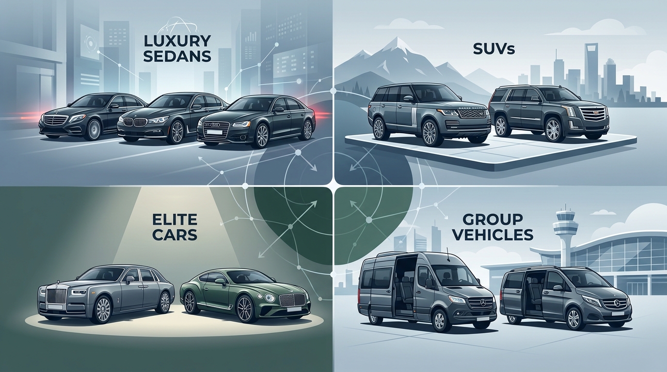 Visual showcase/grid of the premium fleet vehicle categories: luxury sedans (Mercedes-Benz S-Class, BMW 7 Series, Audi A8), SUVs (Range Rover, Cadillac Escalade), elite cars (Rolls-Royce Phantom, Bentley Continental GT), and group vehicles (Mercedes-Benz Sprinter, V-Class)