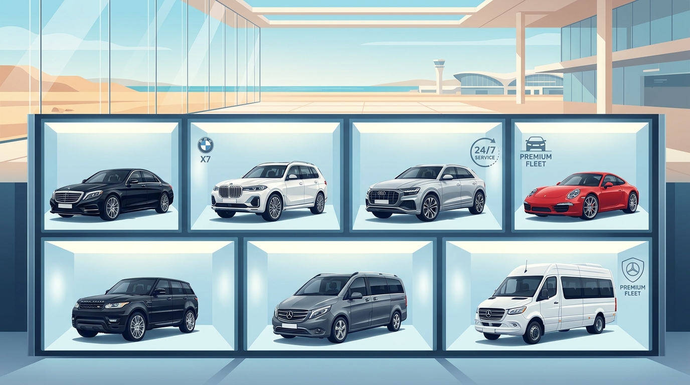 Grid or gallery showcasing the ROLZO premium fleet lineup — Mercedes-Benz, BMW, Audi, Porsche, Range Rover, and group vehicles like the V-Class and Sprinter