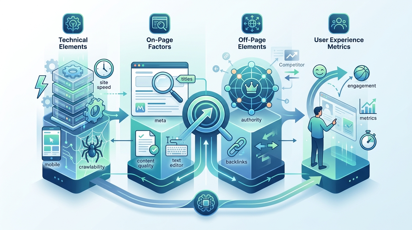 Visual diagram or infographic showing the four main pillars of SEO audits: Technical elements (site speed, mobile, crawlability), On-page factors (titles, meta, content), Off-page elements (backlinks, authority), and User experience metrics