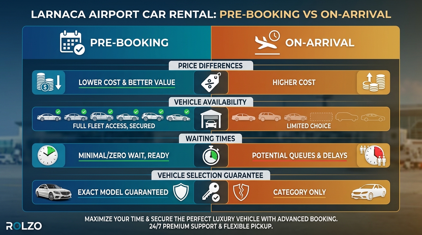 Side-by-side comparison infographic showing 'Pre-booking vs On-arrival' with visual indicators for price differences, vehicle availability, waiting times, and vehicle selection guarantees