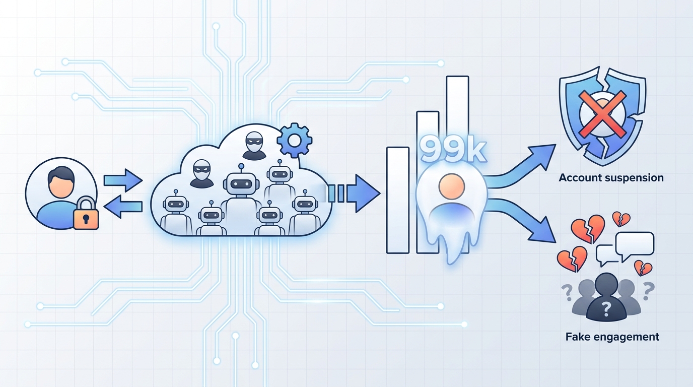 Diagram showing how free Instagram follower websites work, illustrating the flow from user providing credentials → automated bots/fake accounts → inflated follower count → risks (account suspension, fake engagement)