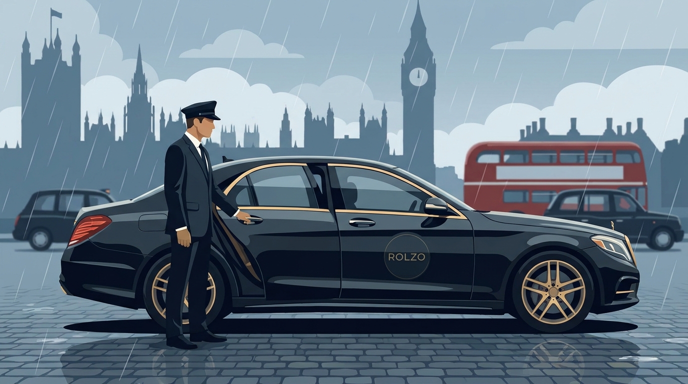 Hero image of a luxury chauffeur in a dark suit opening the rear door of a Mercedes-Benz S-Class on a London street, with recognizable landmarks (e.g., Tower Bridge or Big Ben) in the background