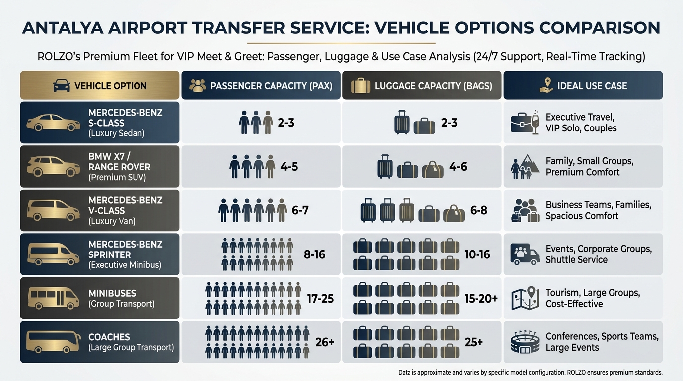 Comparison table showing vehicle options (Mercedes-Benz S-Class, BMW X7/Range Rover, Mercedes-Benz V-Class, Sprinter, minibuses, coaches) with passenger capacity, luggage capacity, and ideal use case for each