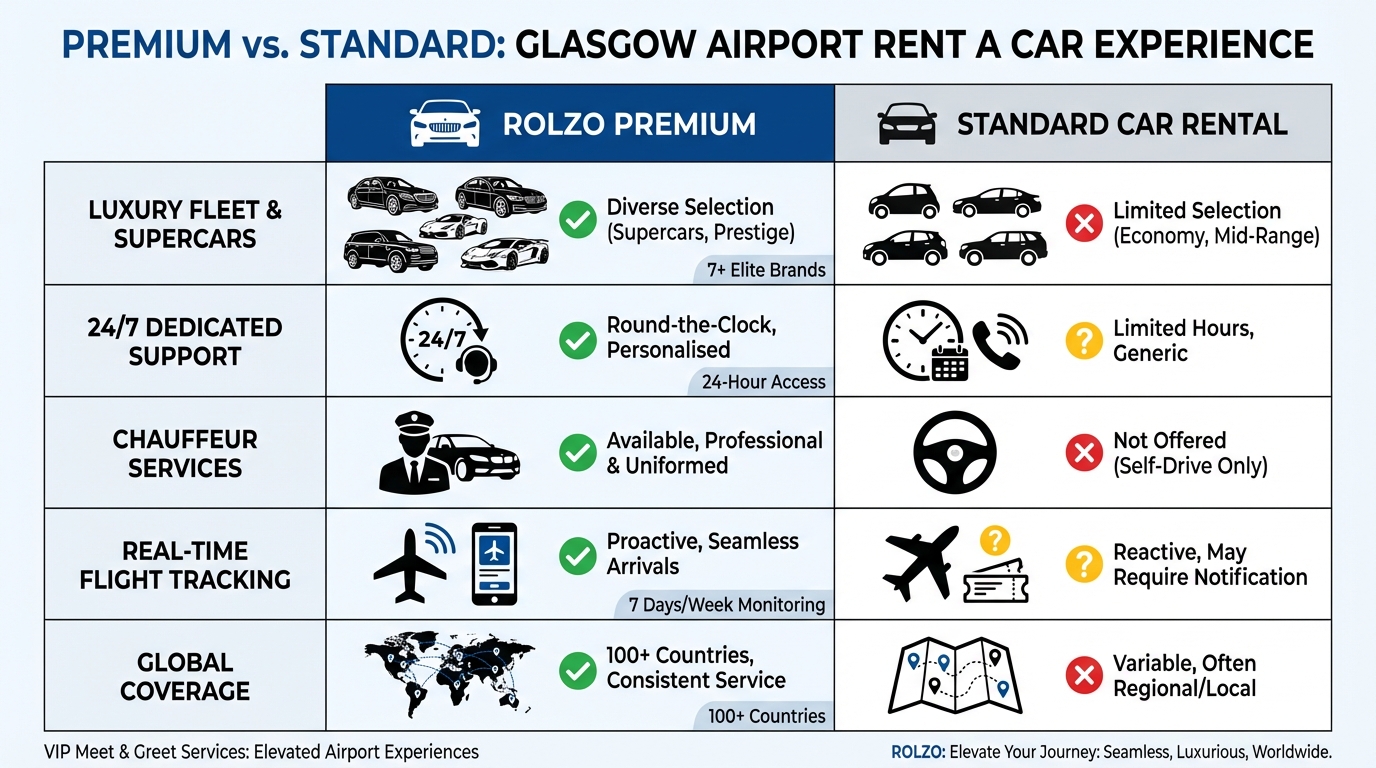 Comparison table showing ROLZO's premium features (luxury fleet, 24/7 support, chauffeur services, flight tracking, global coverage) versus standard car rental services