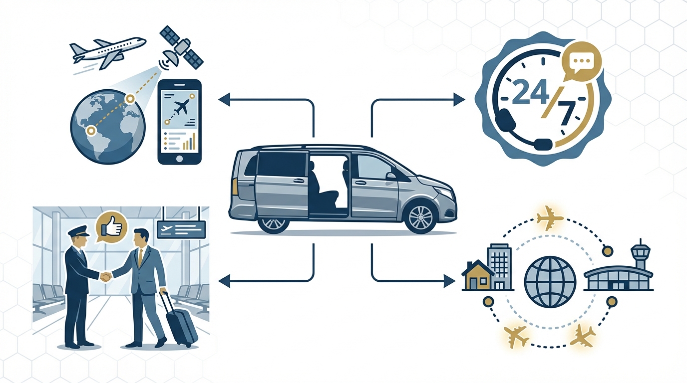 Infographic showing the chauffeur-driven service features and benefits: real-time flight tracking icon, meet-and-greet service illustration, 24/7 support badge, and door-to-door service visual with major airport locations highlighted