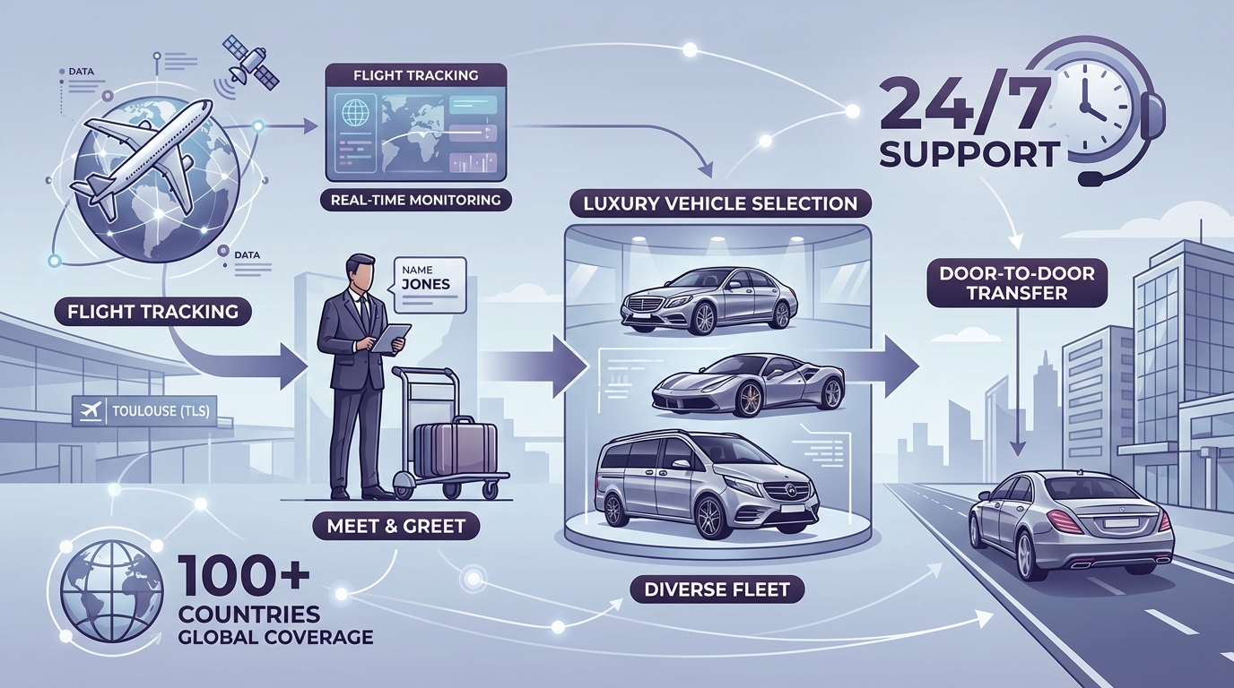 Visual diagram showing ROLZO's chauffeur service process: flight tracking → professional meet-and-greet → luxury vehicle selection → door-to-door transfer, with icons representing global coverage (100+ countries) and 24/7 support