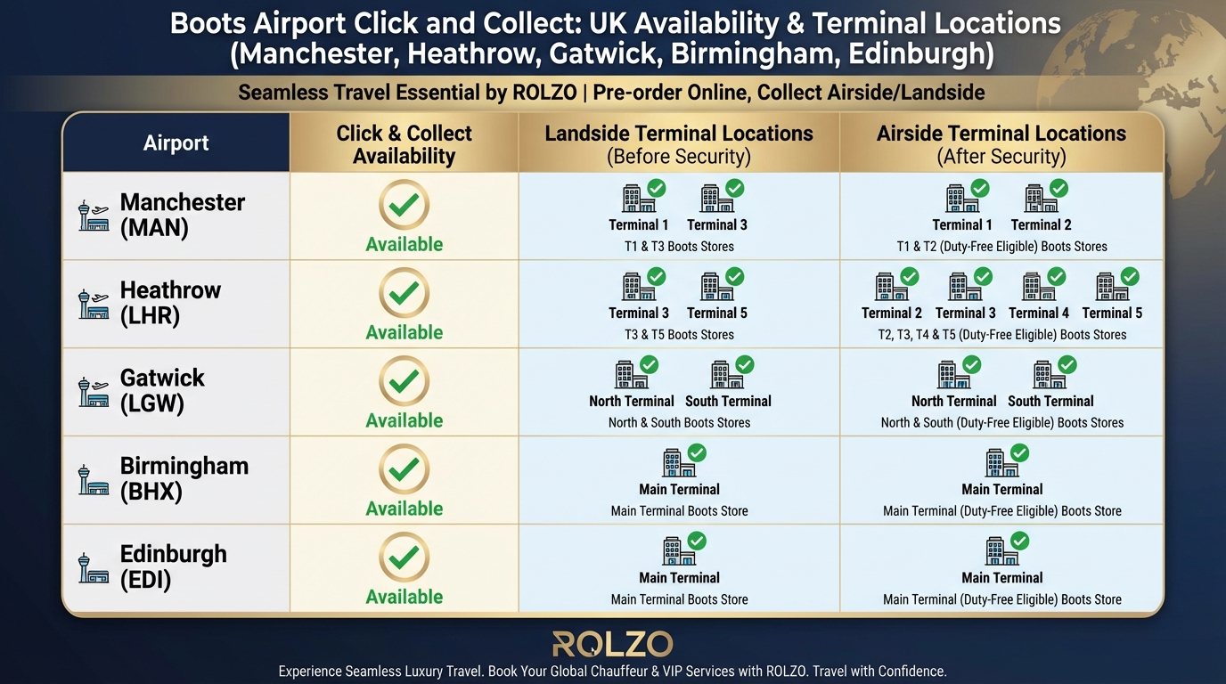 Map or table showing UK airports with Boots click and collect availability (Manchester, Heathrow, Gatwick, Birmingham, Edinburgh) with terminal locations marked