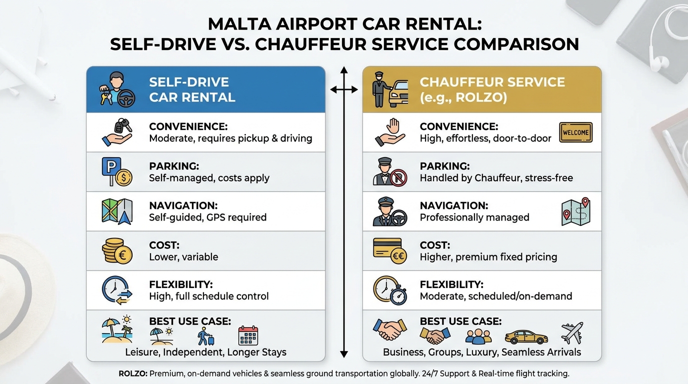 Comparison table contrasting self-drive car rental vs. chauffeur service across key factors: convenience, parking, navigation, cost, flexibility, and best use case (business/groups/luxury)