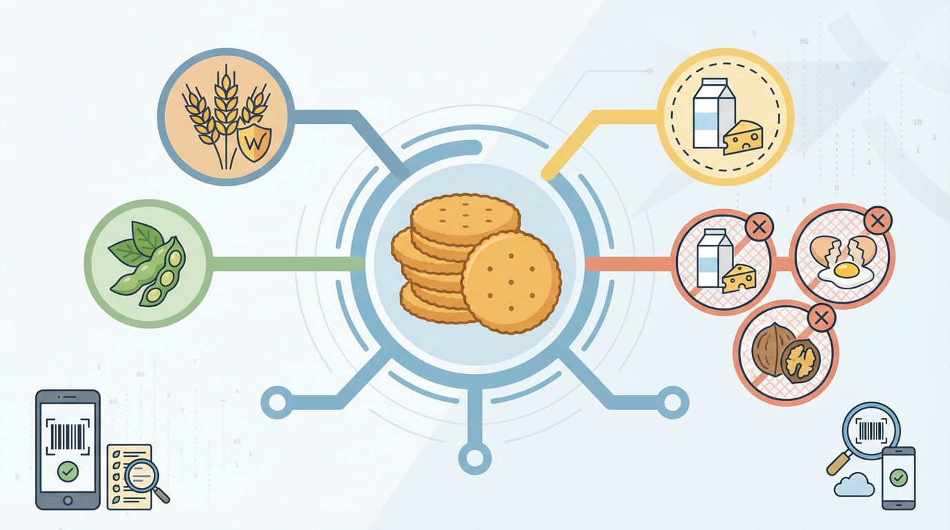 Visual infographic showing common allergens in Ritz crackers with icons (wheat/gluten, soy, potential dairy, and cross-contamination warnings for milk, eggs, tree nuts)