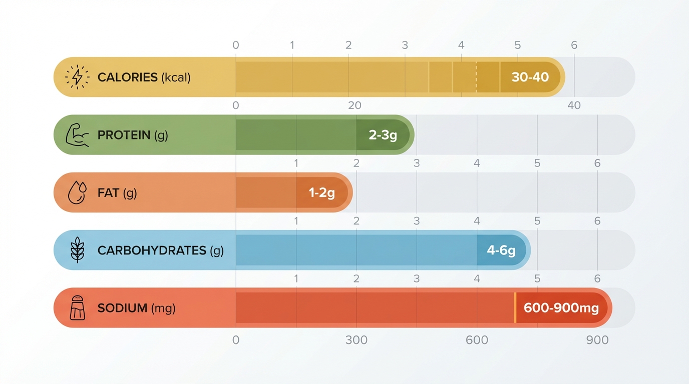 Nutritional breakdown chart showing macronutrients in miso soup: calories (30-40), protein (2-3g), fat (1-2g), carbohydrates (4-6g), and sodium (600-900mg) per serving