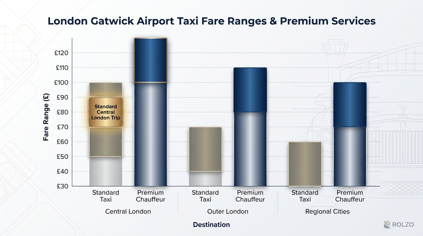 Bar chart comparing taxi fare ranges (£30-£120) by destination and vehicle type, highlighting the £70-£100 central London standard trip versus premium chauffeur pricing